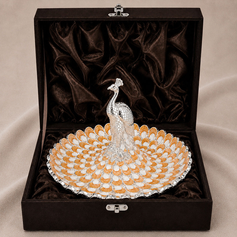Diviniti Amber Peacock German Silver Platter with Gift Box showcasing intricate design and luxurious finish.