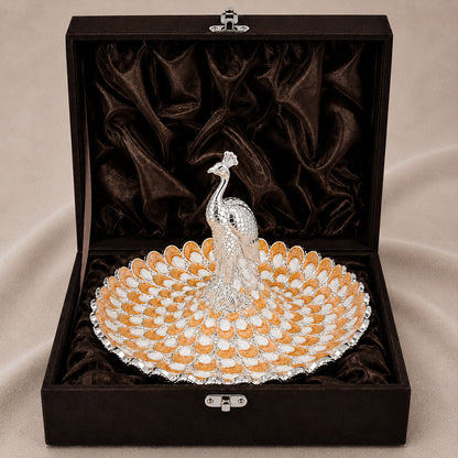 Diviniti Amber Peacock German Silver Platter with Gift Box showcasing intricate design and luxurious finish.