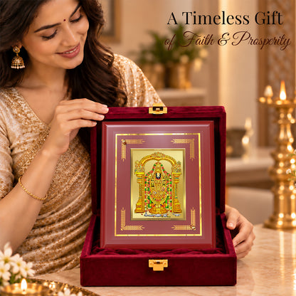 24K Gold-Plated Lord Tirupati Balaji MDF Frame | Premium Gift Box | 13.5x16 CM