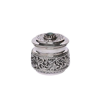 Pure Silver Serenity Box Green Eye Studded, Antique Vintage Design, Handcrafted Storage Container (8x6x7 cm, 148g)