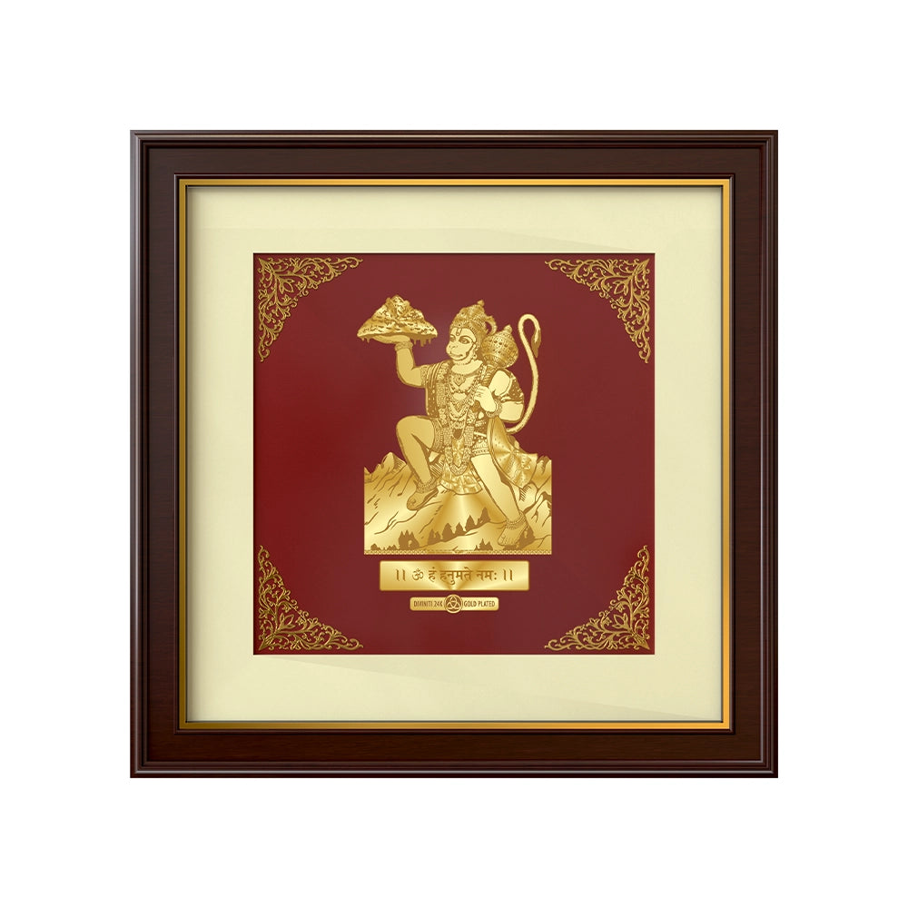 Hanuman with Mountain | Divine Strength and Devotion Gold on Gold Wall Hanging Frame in 24K Gold Plated Foil