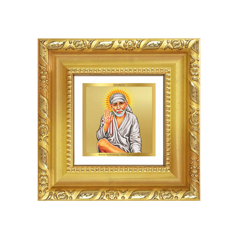 Diviniti Sai Baba with Blessings Tabletop Photo Frame in 24K Gold Plated Foil | Protection, Faith & Divine Grace | DG103S1A (10x10 CM)