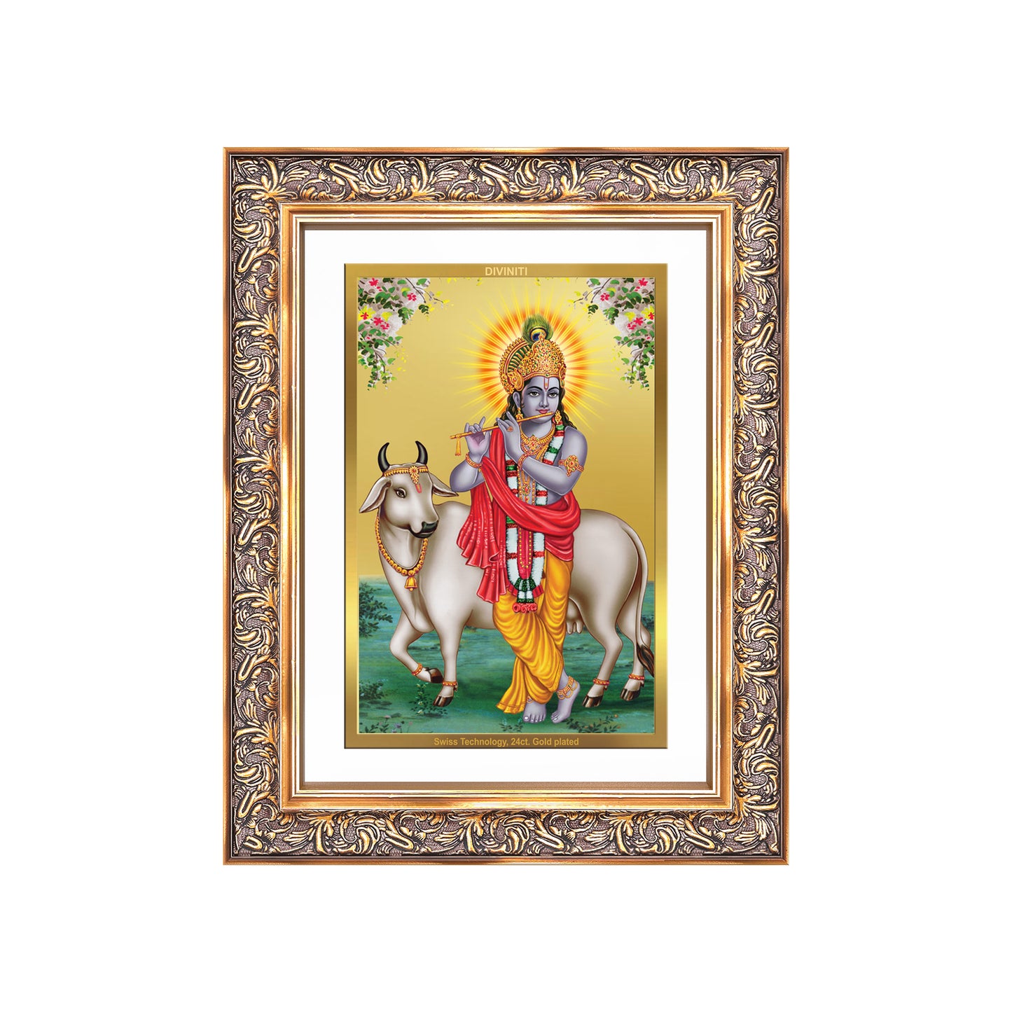 Diviniti 24K Gold Plated Krishna With Surbhi Cow (Classic) Divine Wall Frame for Home Mandir & Office Decor | Luxury Spiritual Gift