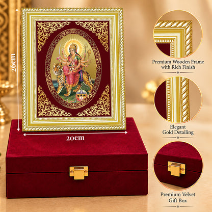 24K Gold-Plated Durga Sherawali Mata with Pindi Frame | Premium Gift Box | 26x20 CM