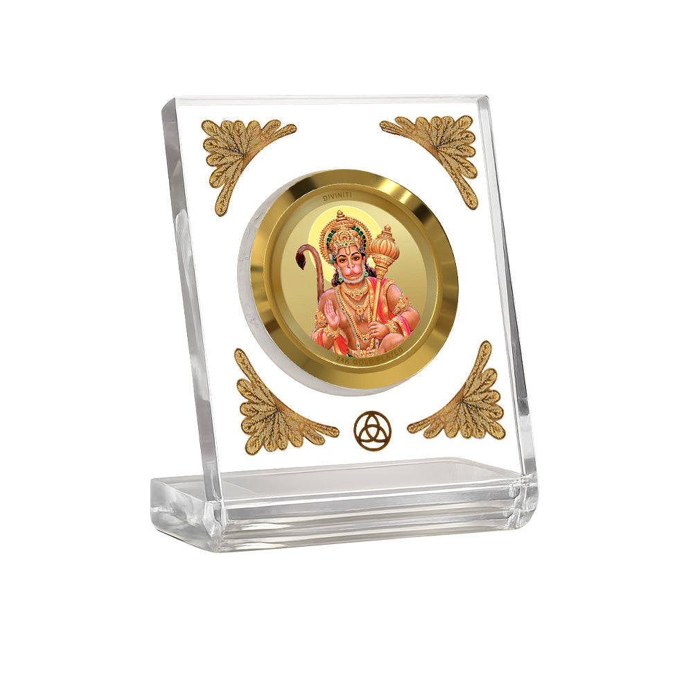 Hanuman with Blessings Diviniti Premium Gold on Gold 24K gold plated car dashboard frame in a clear display.