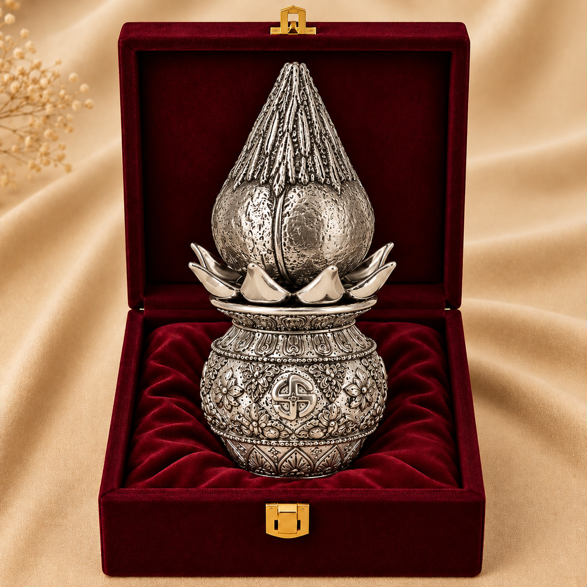 999 Silver-Plated Antique Lakshmi Kalash with Coconut | Gift Box | 16x8 CM