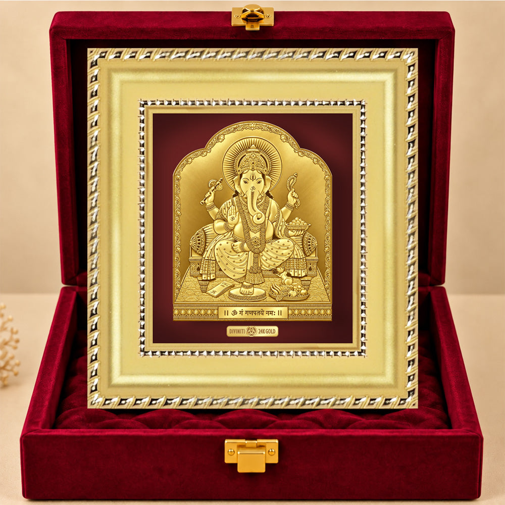 24K Gold-Plated Lord Ganesha Frame | Premium Gift Box | 11x12 CM