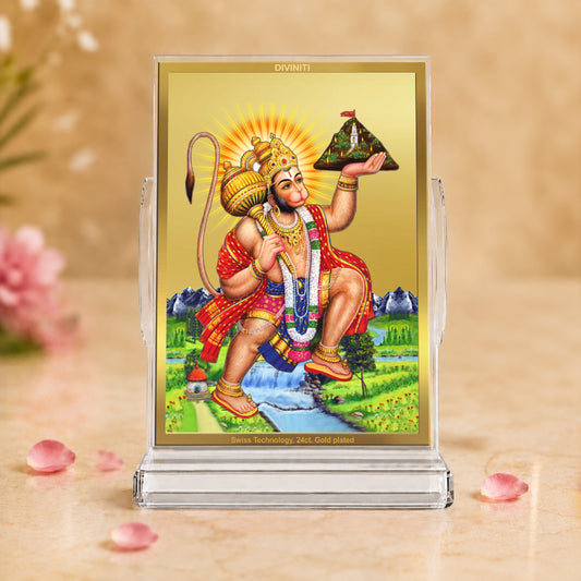 24K Gold-Plated Hanuman Carrying Sanjeevani Mountain Acrylic Car Dashboard Frame | 11x7 CM