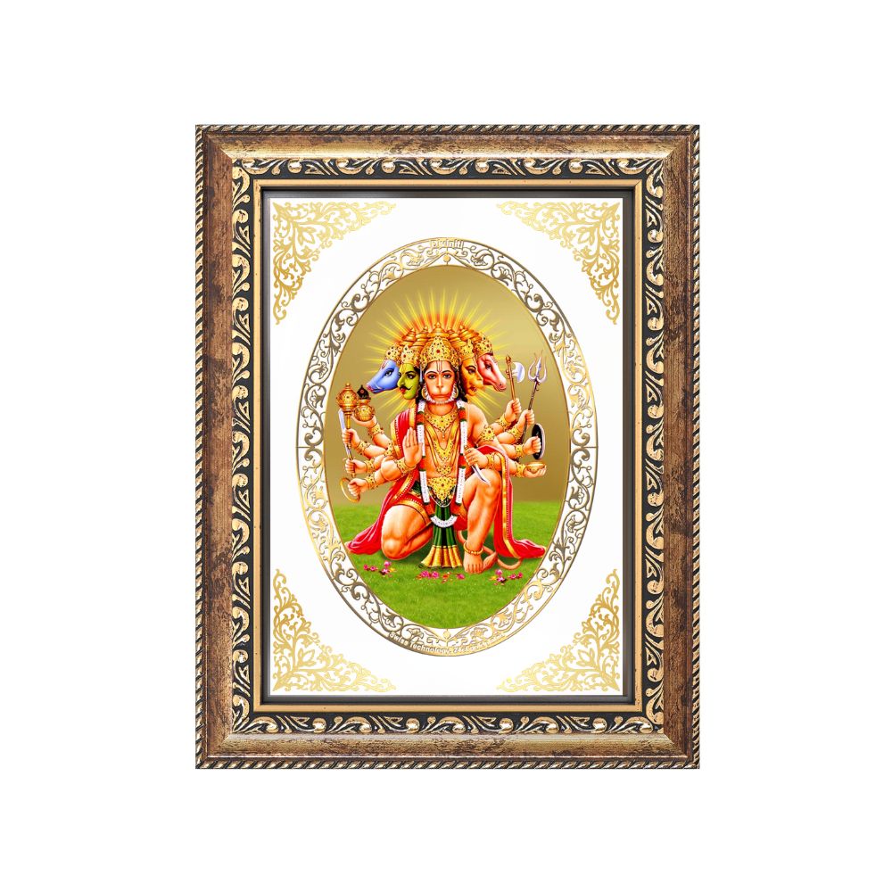 Panchmukhi Hanuman Divine Five-Faced Protection Sacred Royal Tabletop Frame in 24K Gold Plated Foil