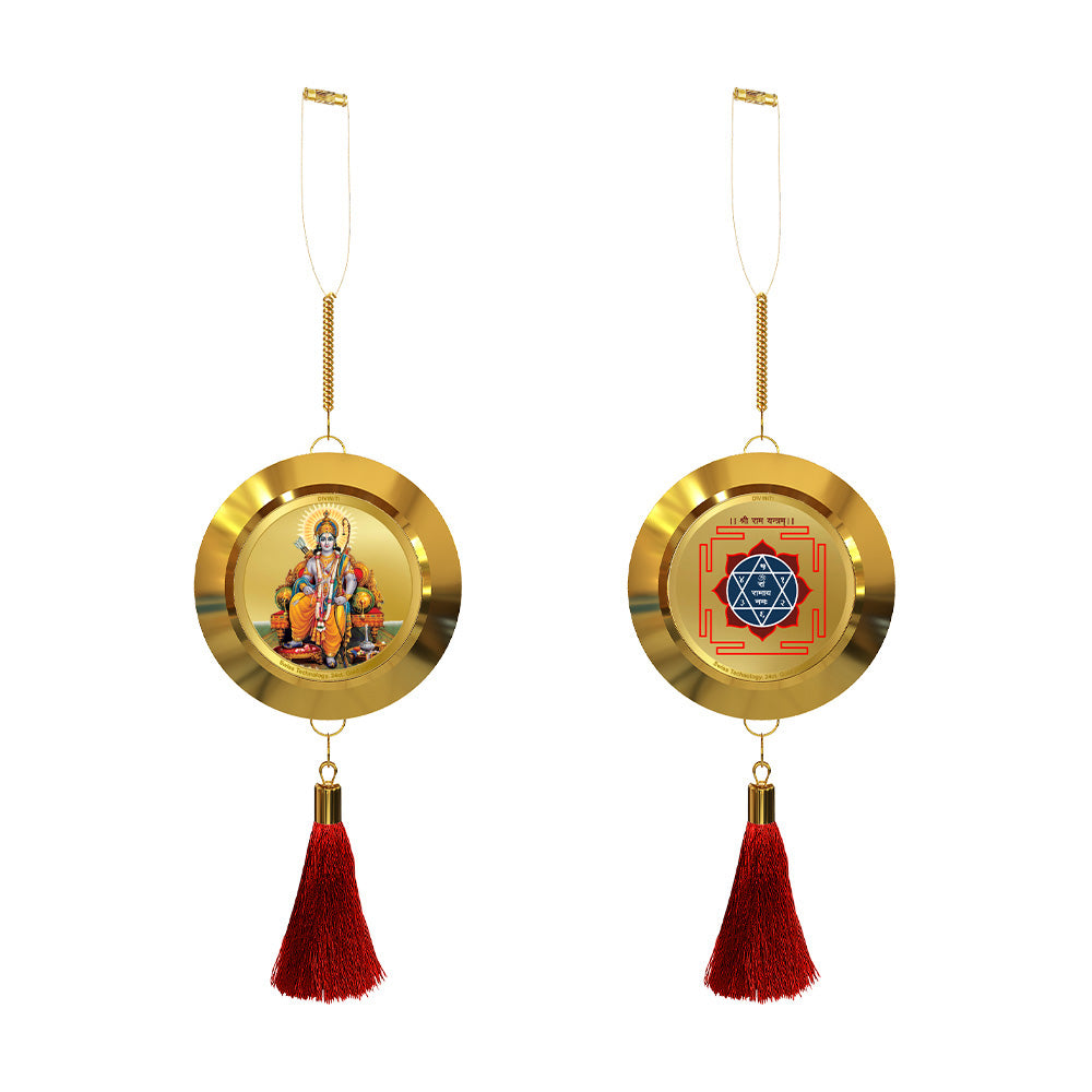 Diviniti 24K Gold Plated Double-Sided Ram Lalla & Yantra Car Dangler (5.5 cm) | Divine Hanging Car Decor for Protection, Positive Energy & Spiritual Blessings
