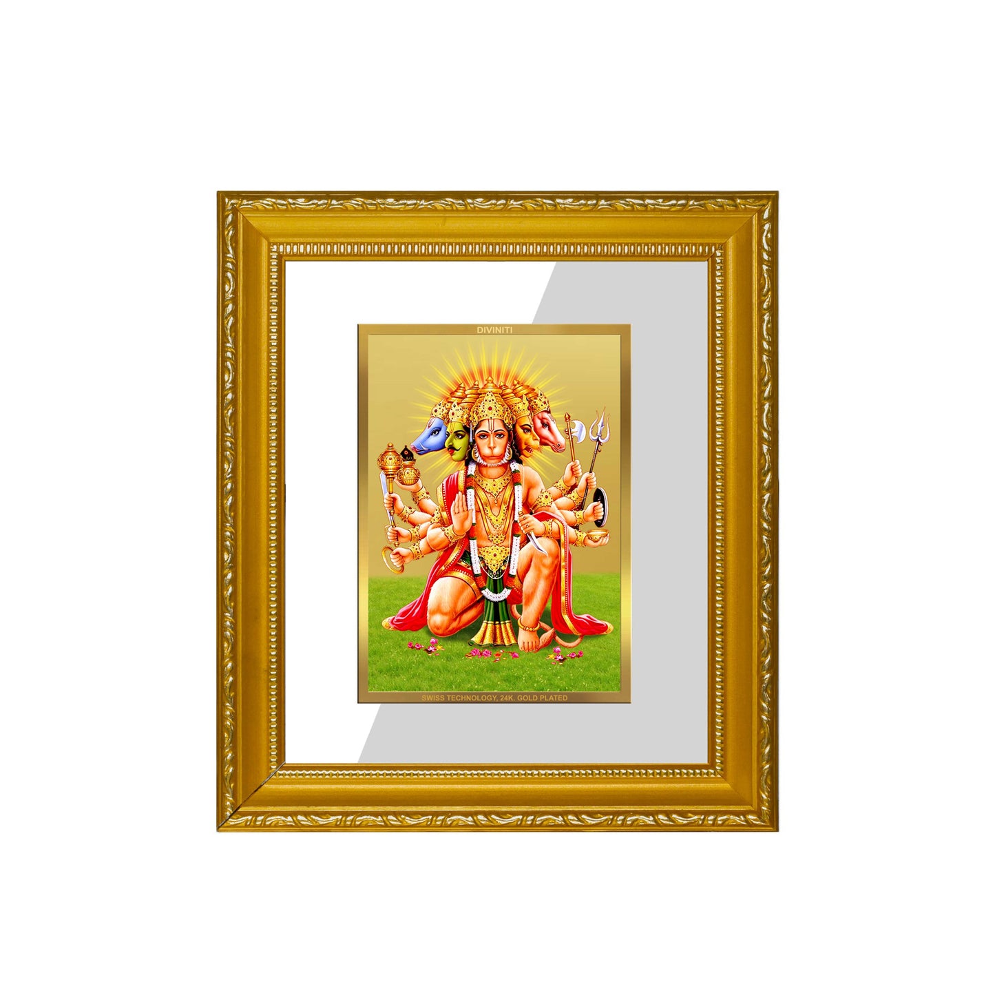 DIVINITI 24K Gold Plated Foil Panchmukhi Hanuman Wall Photo Frame Religious Photo Frame Idol for Home & Office Decor Prayer, Gifts Items DG 101 Size 1 (15.3x14.9 CM)