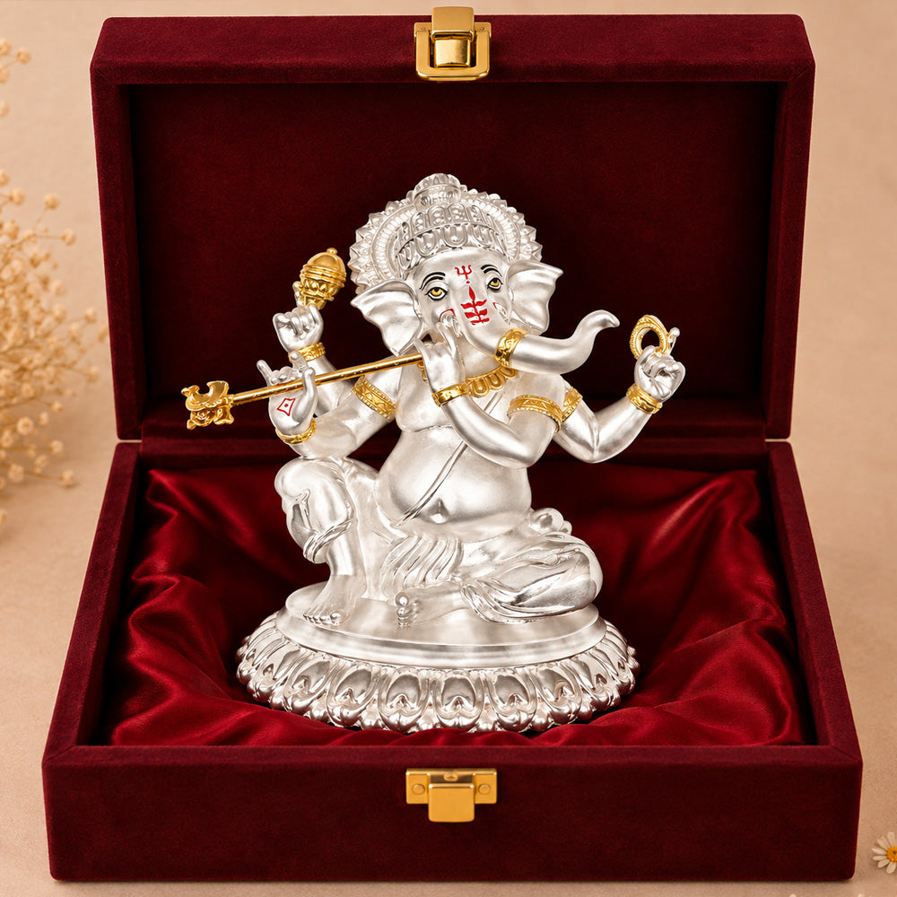 999 Silver-Plated Dual-Tone Bansuri Ganesha Idol | Premium Gift Box | 16x14 CM