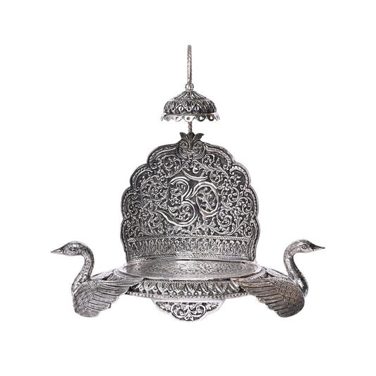 Pure Silver Singhasan Mandir Vintage Om & Swan Design Divine Pooja Stand Handcrafted Temple Art (36x10x27 cm,656g)
