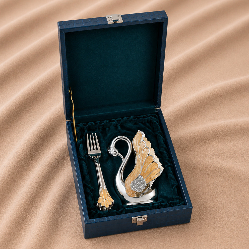 Diviniti Premium Silver-Plated Swan Cutlery Holder | Elegant Peach Spoon & Fork Stand for Table Décor