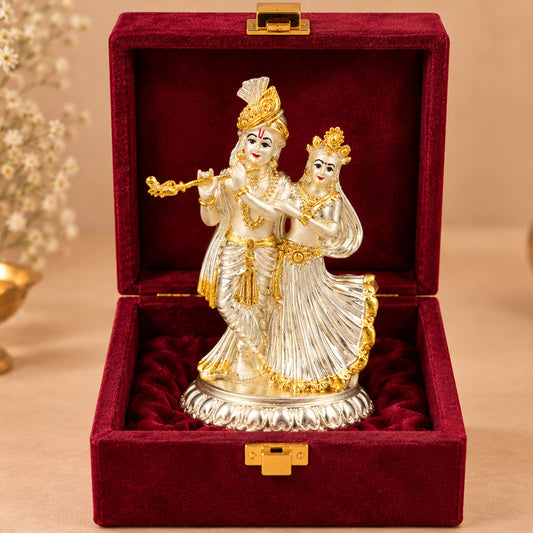 999 Silver-Plated Dual-Tone Radha Krishna Idol | Premium Gift Box | 11.5x8 CM