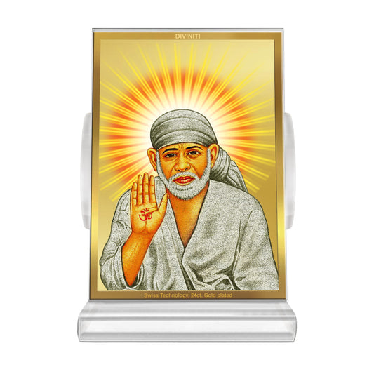 Sai Baba Blessing Pose | Divine Sai Baba Car Dashboard & Tabletop Photo Frame in 24K Gold Plated Foil
