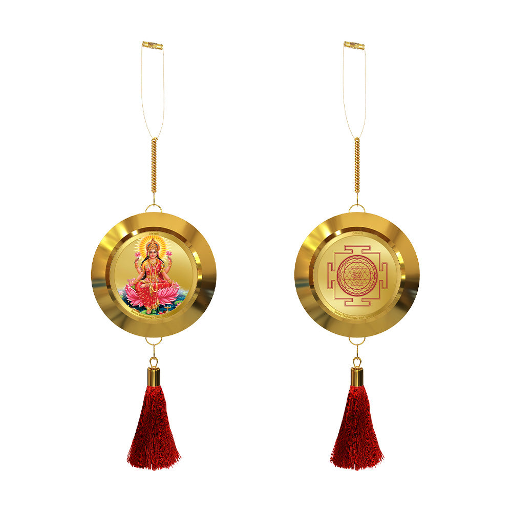 Diviniti 24K Gold Plated Double Sided Lakshmi & Yantra Car Dangler| 6CM Lakshmi Hanging Car Decor| Luxurious Dangler For Car| Divine Car Accessories For Positive Energy
