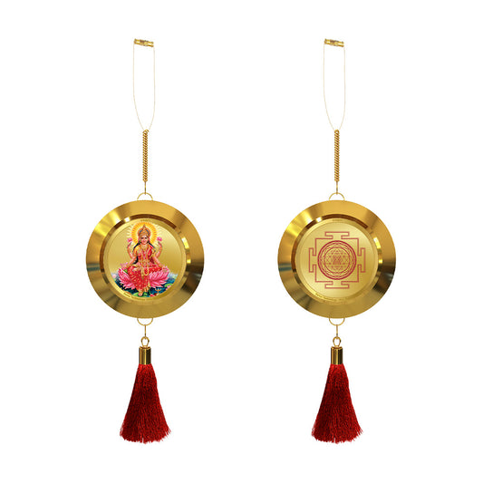 Diviniti 24K Gold Plated Double Sided Lakshmi & Yantra Car Dangler| 6CM Lakshmi Hanging Car Decor| Luxurious Dangler For Car| Divine Car Accessories For Positive Energy