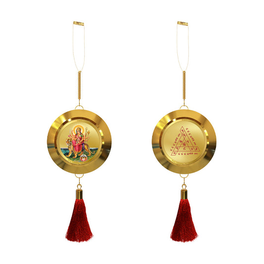 Diviniti 24K Gold Plated Double Sided Goddess Durga & Yantra Car Dangler|5.5 CM Durga Mata Hanging Car Decor|Luxurious 24K Gold Plated Dangler For Car|Divine Car Accessories For Positive Energy