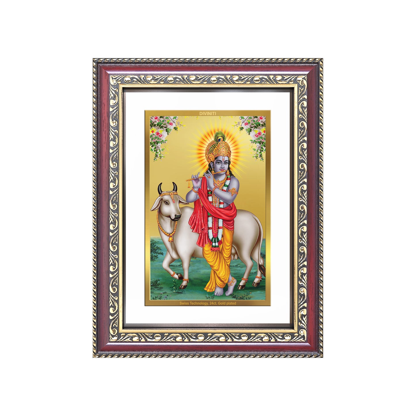 Diviniti 24K Gold Plated Krishna With Surbhi Cow (Classic) Divine Wall Frame for Home Mandir & Office Decor | Luxury Spiritual Gift