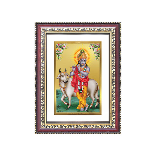 Diviniti 24K Gold Plated Krishna With Surbhi Cow (Classic) Divine Wall Frame for Home Mandir & Office Decor | Luxury Spiritual Gift