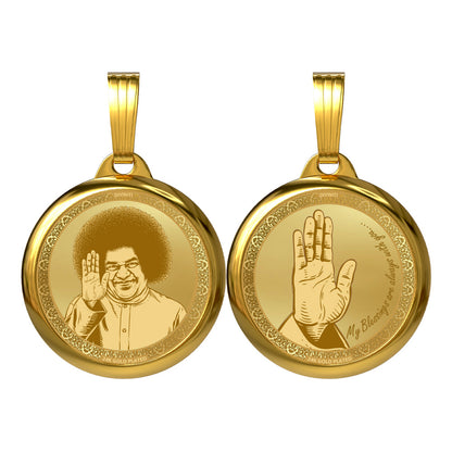 DIVINITI 24K Gold Plated Satya Sai Baba & Ashirwad Hand Pendant – 18mm Double-Sided Spiritual Pendant