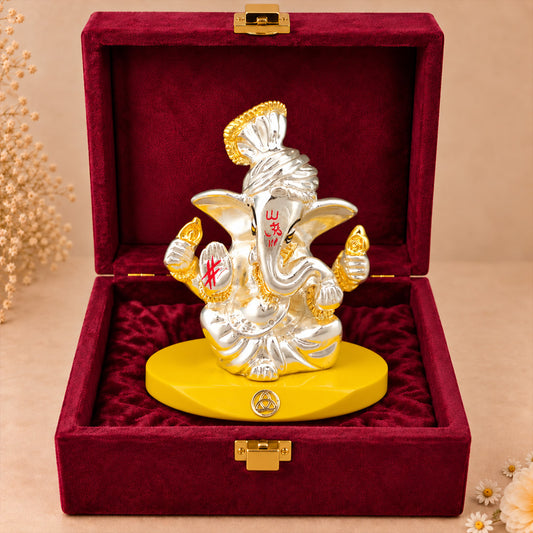 DIVINITI 999 Silver-Plated Pagdi Ganesha Idol | Car & Home Décor | Gift Box | 7x7 CM