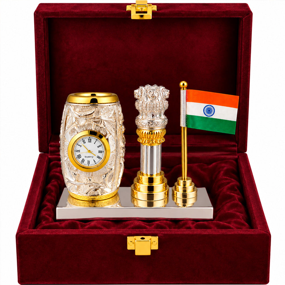999 Silver-Plated Dual-Tone Ashoka Stambh Pen Stand | Premium Gift Box | 12x15 CM