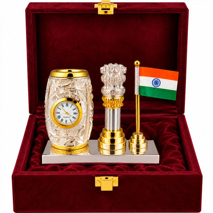 999 Silver-Plated Dual-Tone Ashoka Stambh Pen Stand | Premium Gift Box | 12x15 CM