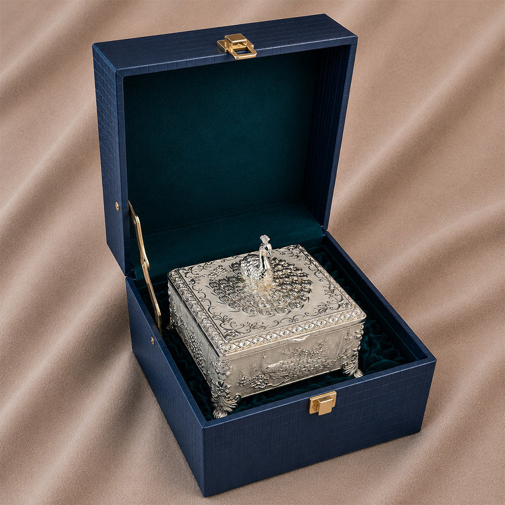 Diviniti Premium German Silver 2-Part Box | White Decorative Dry Fruit & Sweet Box for Wedding & Festive Gifting