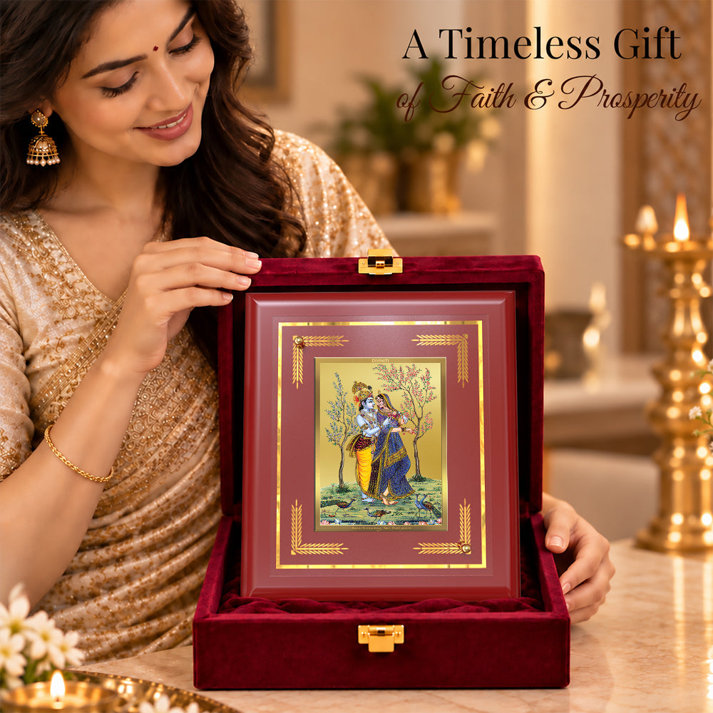 24K Gold-Plated Radha Krishna with Peacock MDF Frame | Premium Gift Box | 13.5x16 CM
