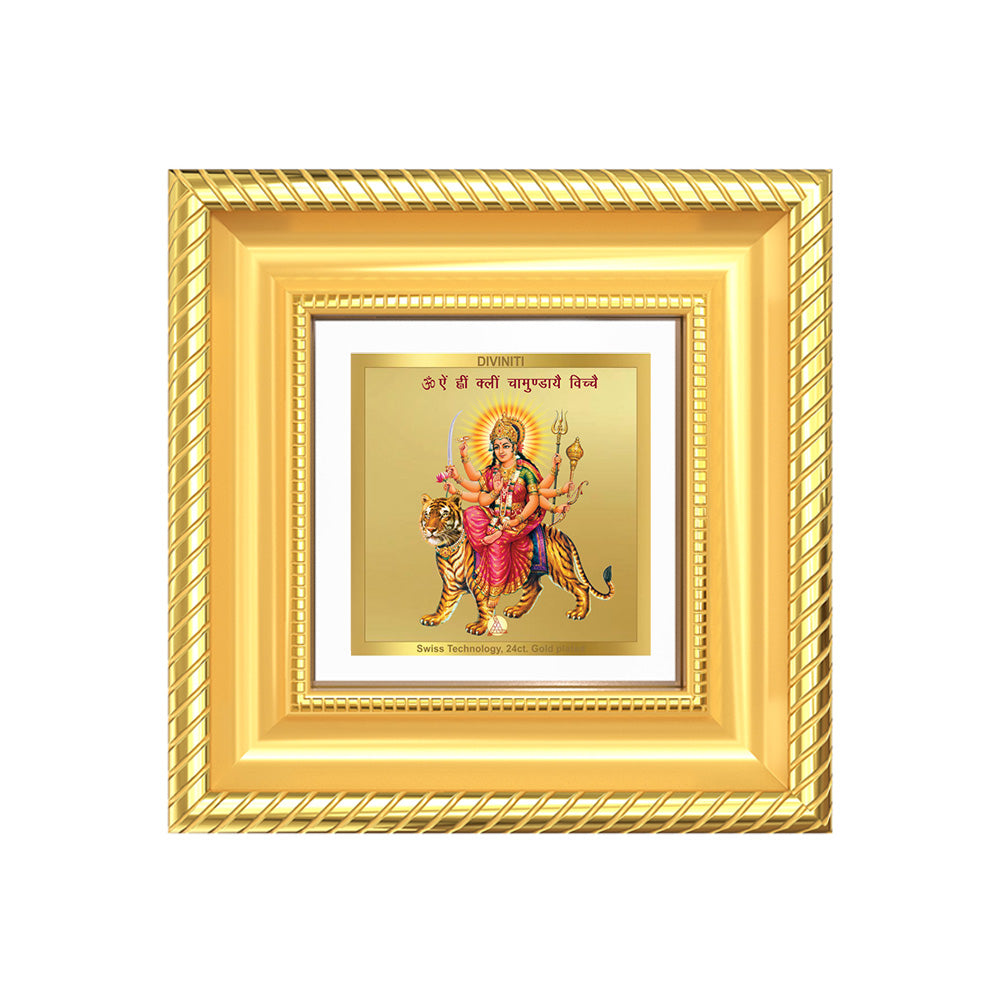 Diviniti Durga with Sacred Mantra Tabletop Photo Frame in 24K Gold Plated Foil | Power, Protection & Divine Energy | DG015S1A (10x10 CM)