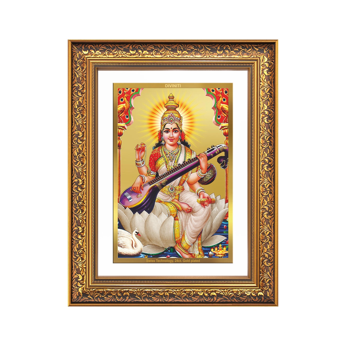Diviniti 24K Gold Plated Saraswati Mata (Classic) Divine Wall Frame for Home Mandir & Office Decor | Luxury Spiritual Gift