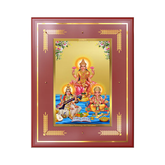 Goddess Lakshmi, Saraswati & Lord Ganesha | Divine Trio Wall Mount Photo Frame in 24K Gold Plated Foil