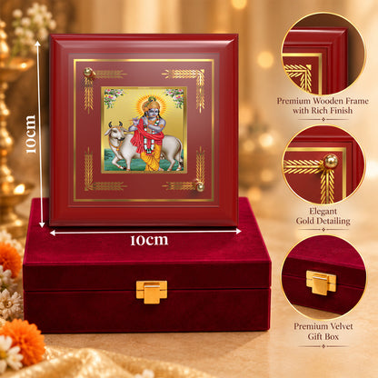 24K Gold-Plated Lord Krishna with Surbhi Cow MDF Frame | Premium Gift Box | 10x10 CM