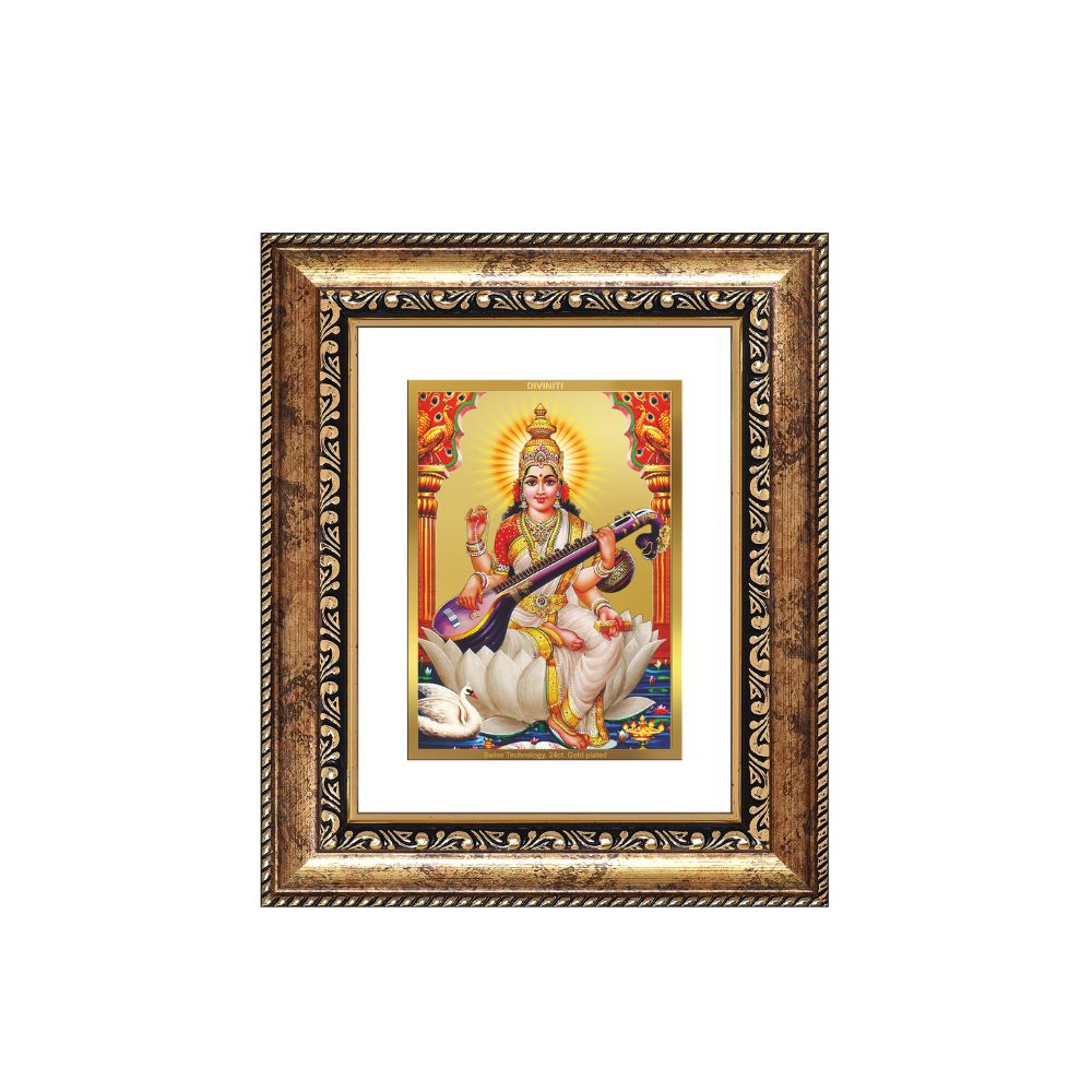Diviniti 24K Gold Plated Saraswati Mata Divine Table Top Frame for Home Mandir & Office Decor | Luxury Spiritual Gift