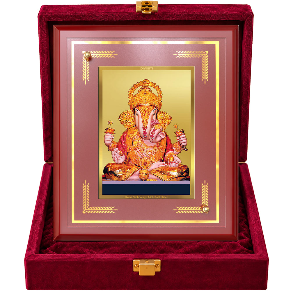 24K Gold-Plated Ganesha Dagadu Ganesha MDF Frame | Premium Gift Box | 26x20 CM