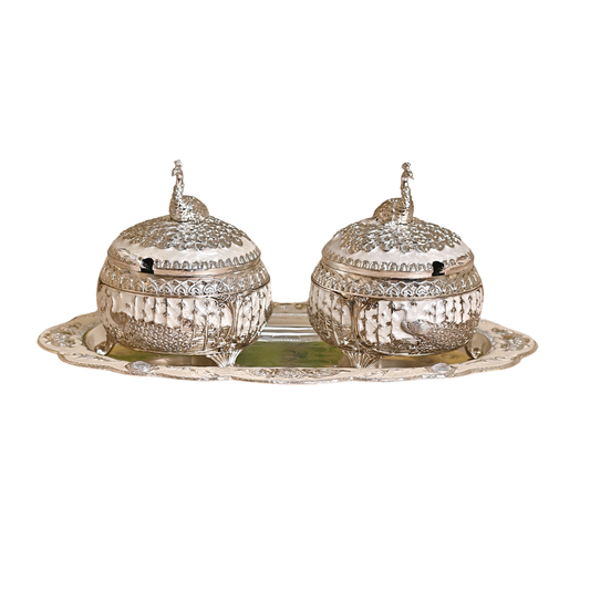 Diviniti Vintage Silver Plated Dry Fruit Peacock Container Box Set Sugar Bowl with Serving Tray Traditional Parties for Luxury Home Decor, Tabletop & Gift