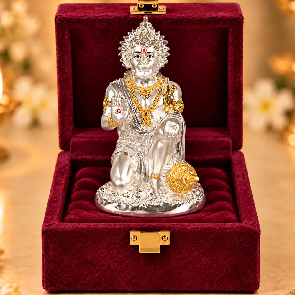 999 Silver-Plated Dual-Tone Hanuman Idol | Premium Gift Box | 19.5x11 CM