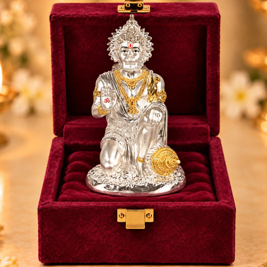 999 Silver-Plated Dual-Tone Hanuman Idol | Premium Gift Box | 19.5x11 CM