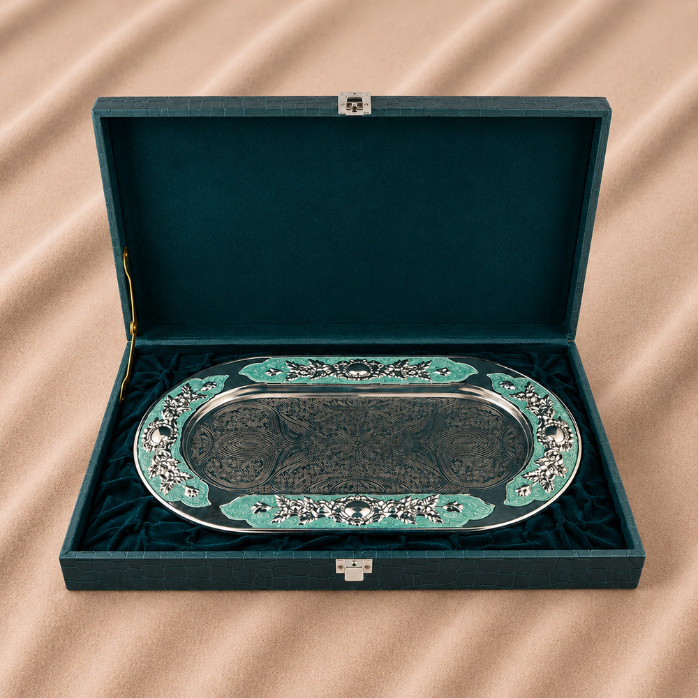 Diviniti Silver-Plated MOP Decorative Tray with Turquoise Accents | Luxury Oval Serving Platter for Dry Fruits, Sweets & Premium Gifting