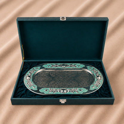 Diviniti Silver-Plated MOP Decorative Tray with Turquoise Accents | Luxury Oval Serving Platter for Dry Fruits, Sweets & Premium Gifting