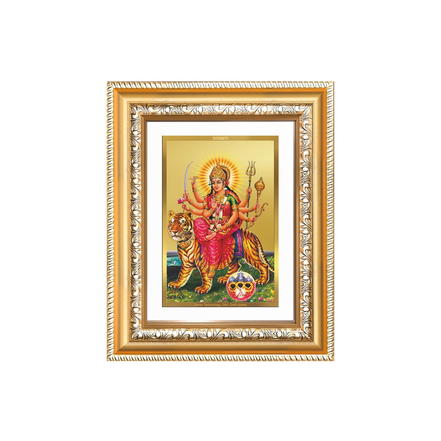 Diviniti 24K Gold Plated Durga - Sherawali Mata With Pind (Classic) Divine Wall and Table Top Frame for Home Mandir & Office Decor | Luxury Spiritual Gift