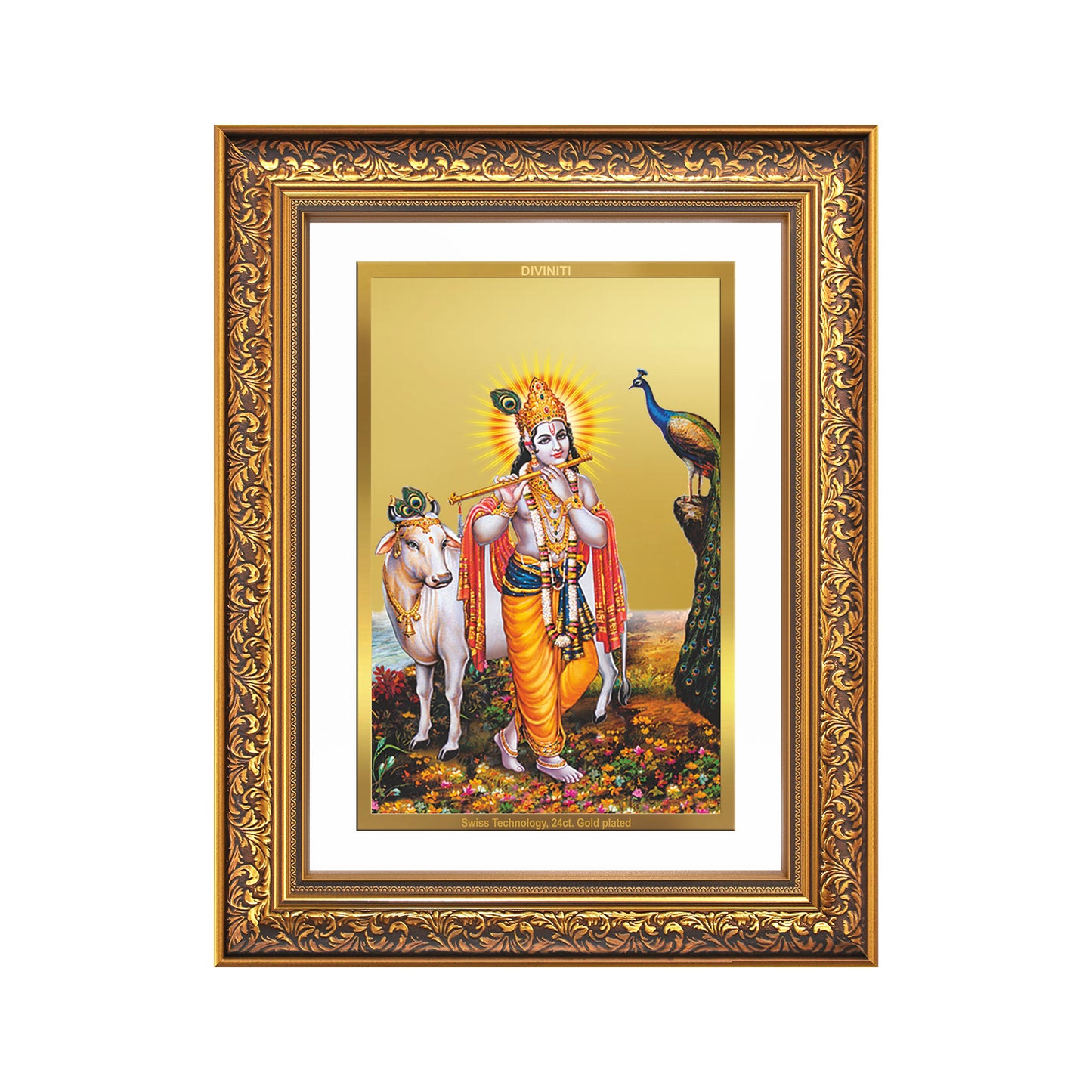 Lord Krishna with Surbhi Cow | Divine Wall Mount Photo Frame in 24K Gold Plated Foil