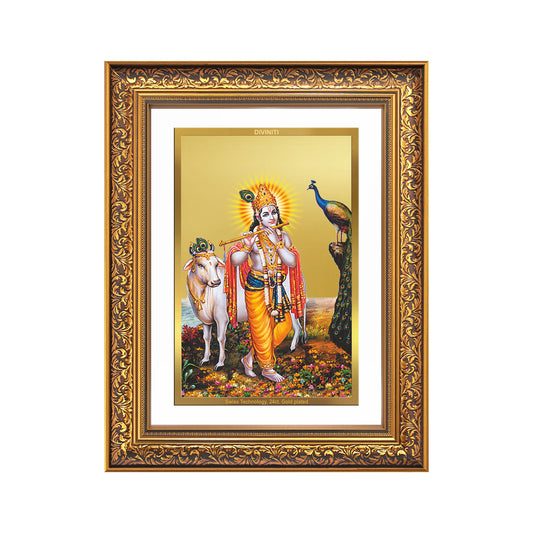 Lord Krishna with Surbhi Cow | Divine Wall Mount Photo Frame in 24K Gold Plated Foil