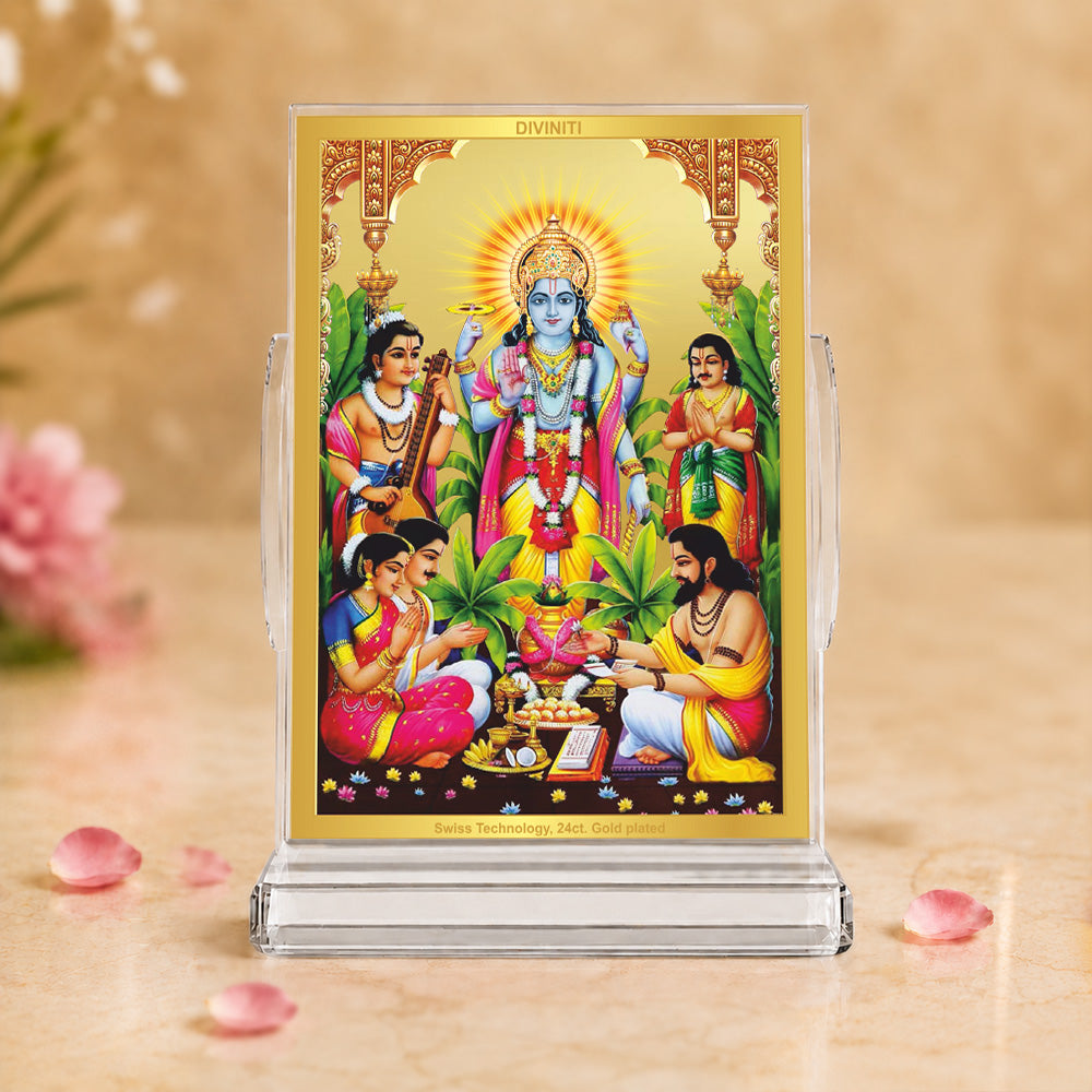 24K Gold-Plated Lord Satyanarayan Acrylic Car Dashboard Frame | 11x7 CM