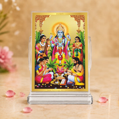 24K Gold-Plated Lord Satyanarayan Acrylic Car Dashboard Frame | 11x7 CM