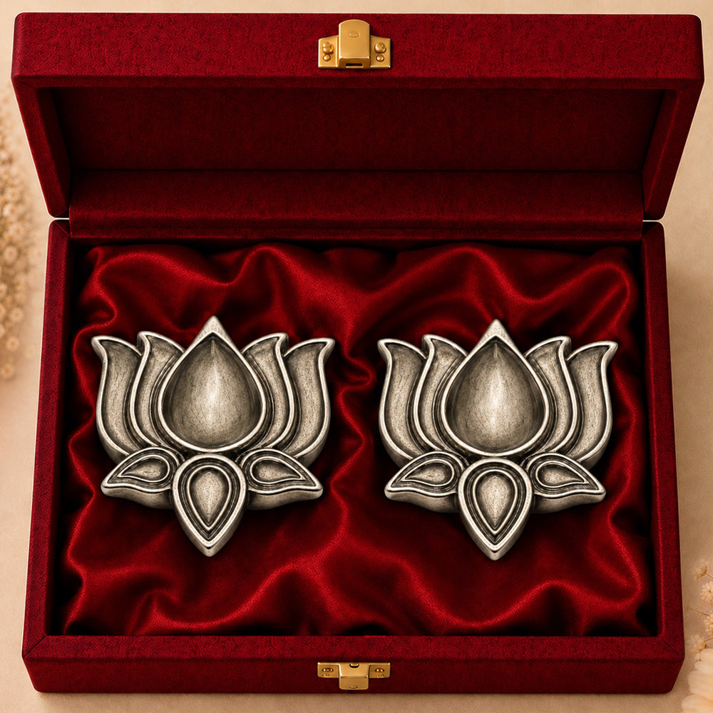 999 Silver-Plated Antique Lotus Diya Pair | Premium Gift Box | 8x8 CM