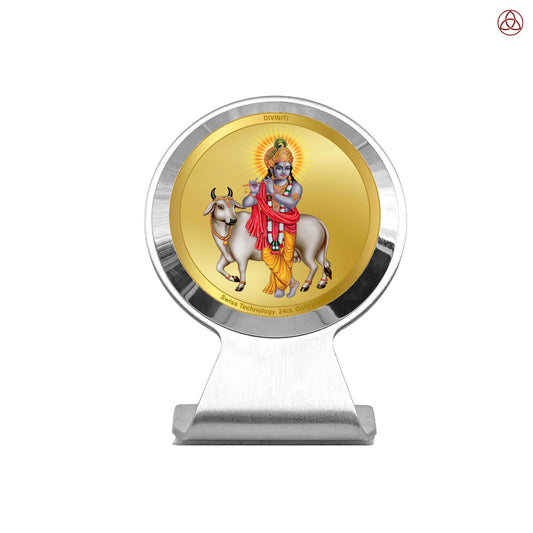 Krishna with Surbhi Cow | Divine Lord Krishna & Surbhi Cow Car Dashboard & Tabletop Photo Frame in 24K Gold Plated Foil