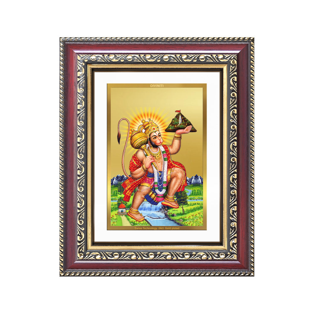 Diviniti 24K Gold Plated Hanuman With Mountain (Classic) Divine Wall and Table Top Frame for Home Mandir & Office Decor | Luxury Spiritual Gift